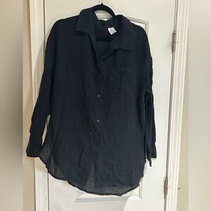 New Black Button-Up Gauze Swim Cover Shirt